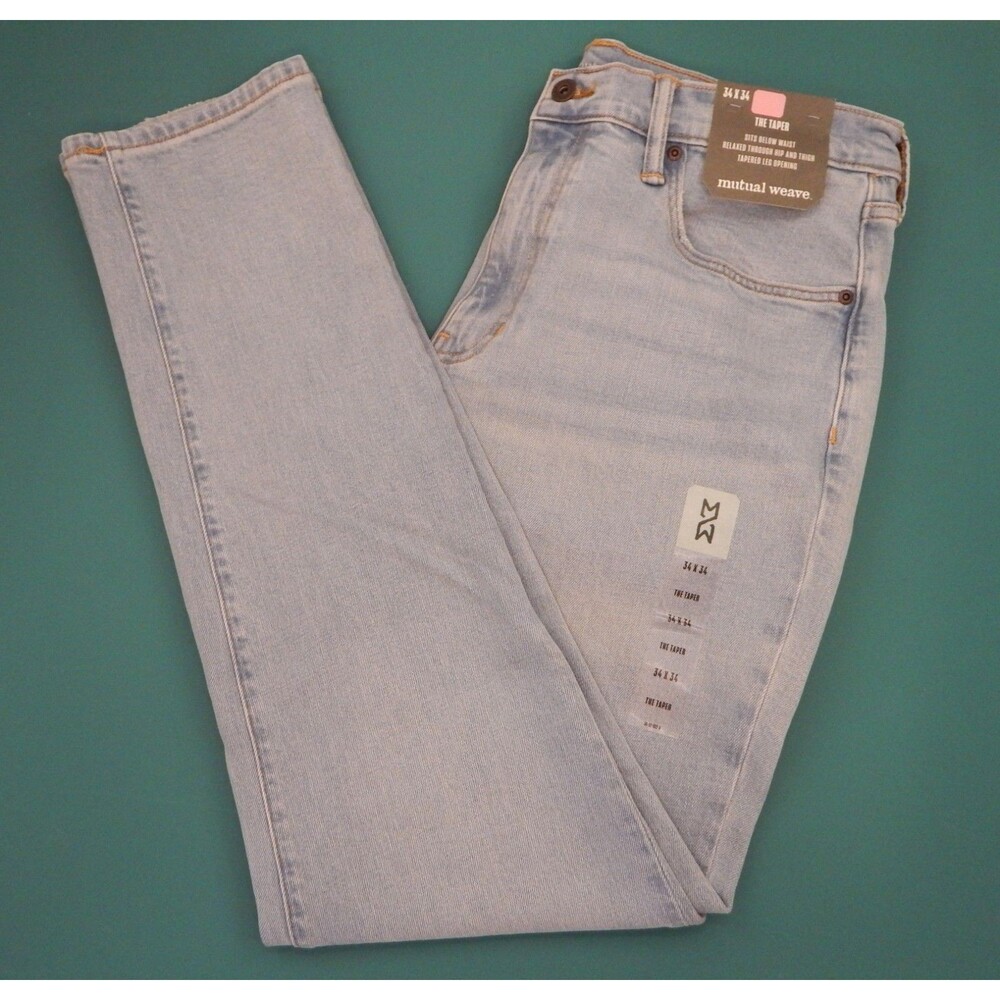 NWT Mutual Weave Jeans THE TAPER 34x34 Light Wash Distress Relaxed Hip & Thigh -